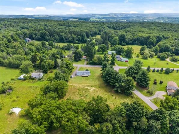 Aerial view of Finger Lakes countryside and scattered homes
